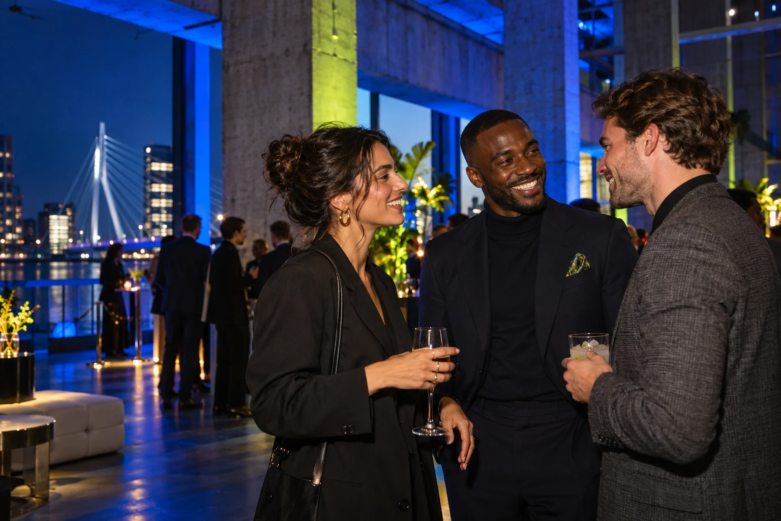 Event attendees networking at an evening reception in Rotterdam